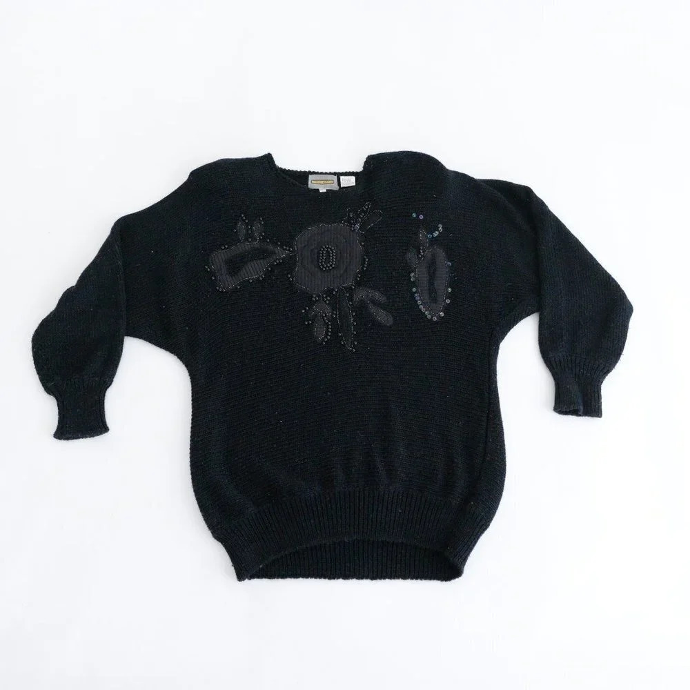 Vintage Diana Marco Black Beaded Floral Sequin Embellished Sweater 42/22w